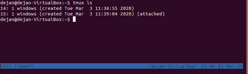 Active tmux sessions listed in the Linux terminal